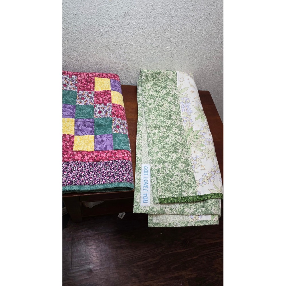 Handmade Patchwork Quilt Kids Set Floral Paisley Multi Color Green White 2pc